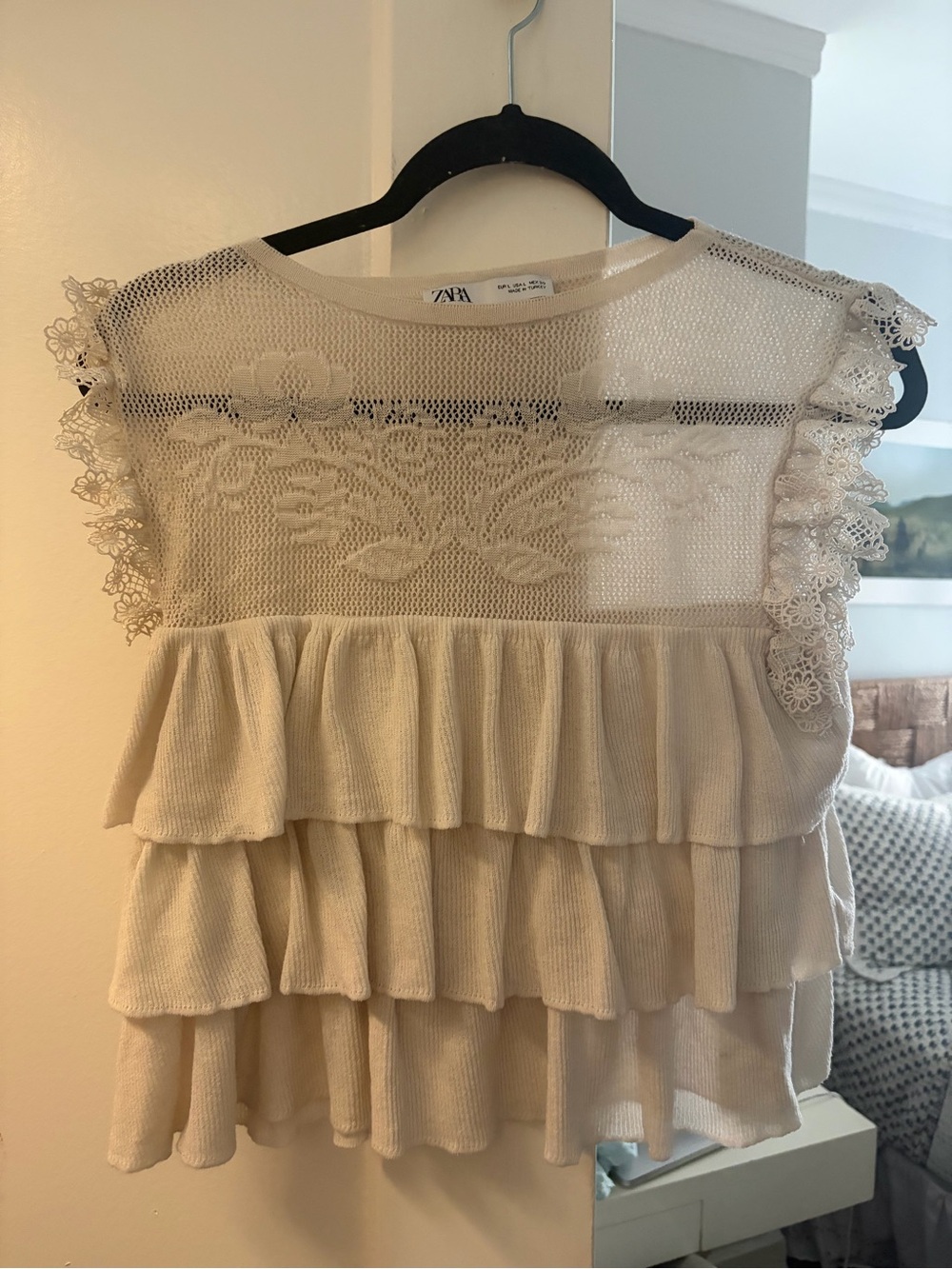 Zara Cream Lace Yoke Tiered Ruffle Tank